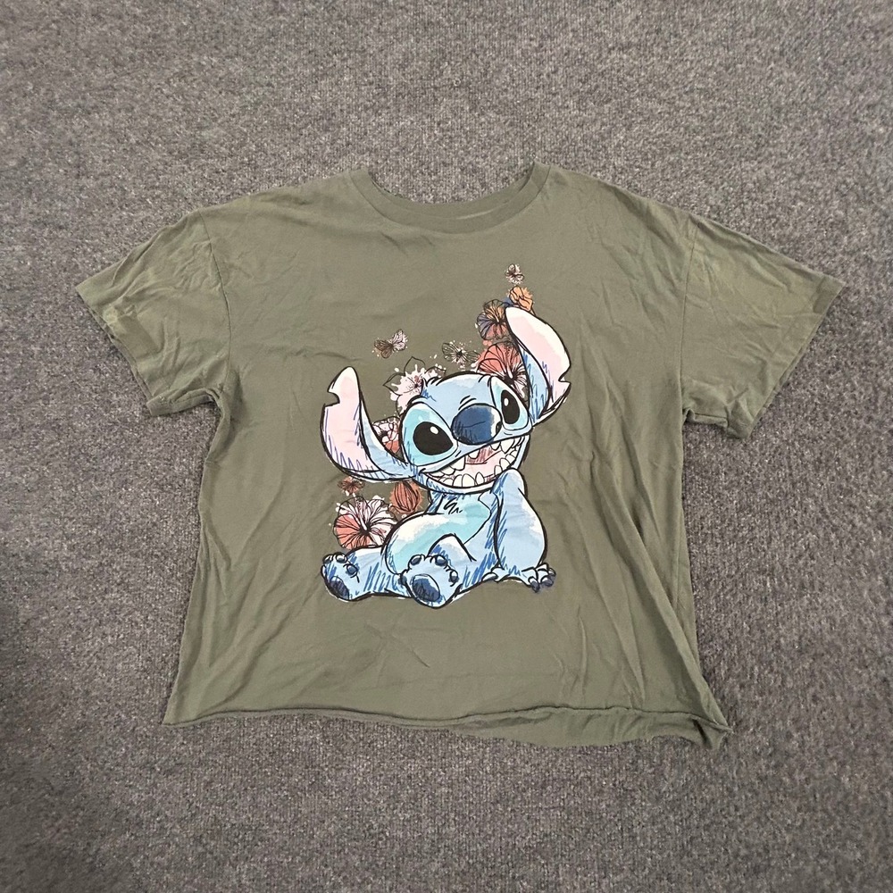 Disney T-Shirt Womens Size XL Olive Green Stitch Floral Graphic Cropped Raw Hem